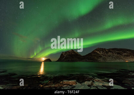 Aurora Borealis Haukland Lofoten Banque D'Images