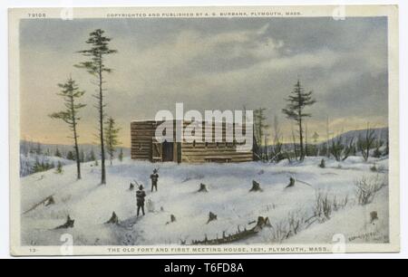 Detroit Publishing Company vintage carte postale de Vieux Fort et première réunion chambre à Plymouth, Massachusetts ; log cabin avec couper les souches d'arbre et deux hommes visible, 1621. À partir de la Bibliothèque publique de New York. () Banque D'Images