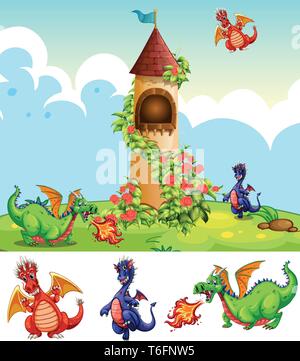 Ensemble de dragons en château illustration paysage Illustration de Vecteur