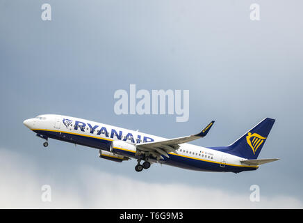 30 avril 2019, Hessen, Frankfurt/Main : un avion de Ryanair approchant l'aéroport de Francfort. Photo : Andreas Arnold/dpa Banque D'Images