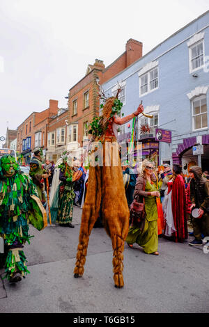 Glastonbury, Somerset, Royaume-Uni. 1er mai 2019. Beltane célébrations ont lieu chaque année entre l'équinoxe de printemps et d'été le 1er mai. Les gens se rencontrer, de s'habiller en vert, profiter d'un défilé, musique et danse. Le festival a ses racines au début de Gaelic fêtes saisonnières, il cadre bien avec la nouvelle communauté d'âge que cette petite ville attire de Somerset. Ils se réunissent autour de la croix du marché dans la ville, le pôle est-il présenté dans le numéro de mai de la Roi et la Reine qui, avec les hommes verts peuvent transporter les pôles pour le calice. Crédit : Mr Standfast/Alamy Live News Banque D'Images