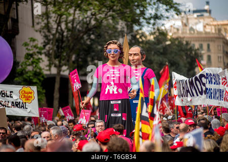 Barcelone, Catalogne, Espagne. 1er mai 2019. Mars les travailleurs au cours de mai dans le centre de Barcelone. Crédit : Jordi Boixareu/ZUMA/Alamy Fil Live News Banque D'Images