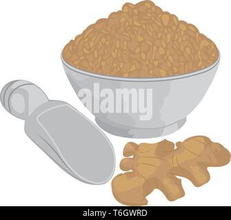 La racine de gingembre et le gingembre en poudre dans un bol vector illustration isolé sur fond blanc Illustration de Vecteur