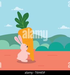 Lapin mignon tenir big carrot cartoon avec scène nature vector illustration.Character design de lapin et le fond de ciel Illustration de Vecteur