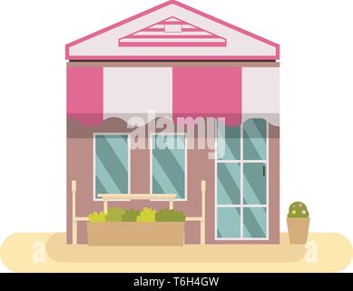 Store front building design plat vector.Building store avec table et chaise.Très belle boutique avec fond blanc isolé Illustration de Vecteur