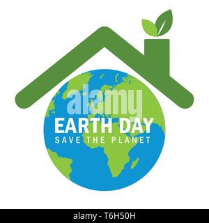 Globe avec toit pour la journée de la terre symbole de l'écologie avec des feuilles vertes illustration vecteur EPS10