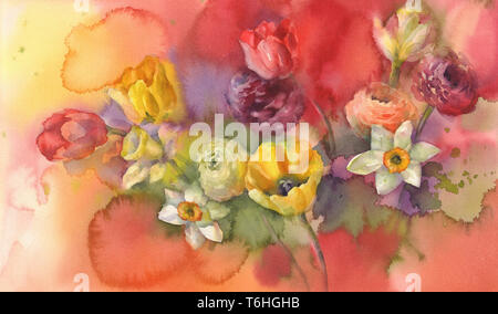 Bouquet de tulipes de couleur sur fond rouge aquarelle fait main Banque D'Images