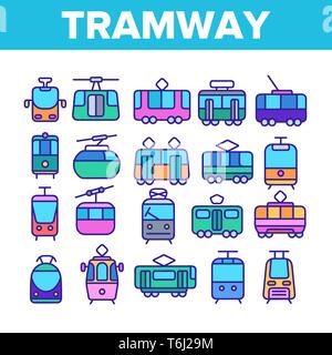 Transports urbains tramway, ligne fine Icons Set. Tramway, véhicule écologique Illustrations linéaire. Funiculaire, chaînes du wagon de métro, transports de voyageurs Illustration de Vecteur