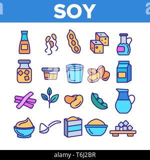 Les produits du soja, de l'alimentation vecteur linéaire Icons Set. Soja alimentaire végétarien Pack de symboles. Ingrédients végétaliens Collection de pictogrammes. Cuisine isolée des signes. Eco, Na Illustration de Vecteur