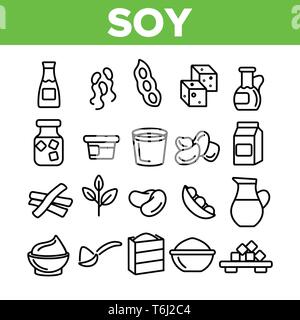 Les produits du soja, de l'alimentation vecteur linéaire Icons Set. Soja alimentaire végétarien Pack de symboles. Ingrédients végétaliens Collection de pictogrammes. Cuisine isolée des signes. Eco, Na Illustration de Vecteur