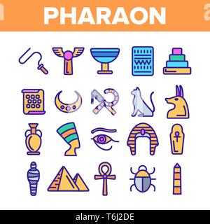 Pharaon, roi de l'Égypte fine ligne Vector Icons Set. Symboles du pouvoir royal de pharaon Illustrations linéaire. Pyramides, maman, hiéroglyphe. Néfertiti, Anubis Silho Illustration de Vecteur