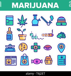 La culture de marijuana vecteur linéaire Icons Set. La légalisation du cannabis fine ligne Symboles Contour Pack. Fumeurs Pictogrammes Chanvre Collection. Rastaman Illustration de Vecteur