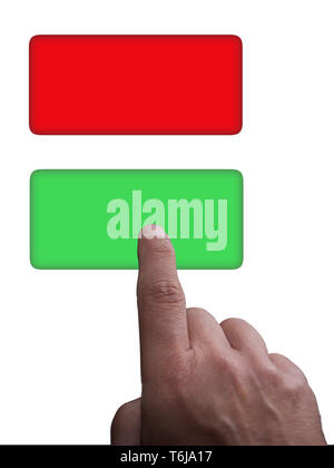 Boutons avec copie espace, vert et rouge, et pointer du doigt, sur un fond blanc Banque D'Images