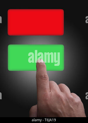 Boutons avec copie espace, vert et rouge, et pointer du doigt, sur un fond de dégradé de gris Banque D'Images