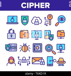 Cipher, la protection des données vecteur linéaire Icons Set Illustration de Vecteur