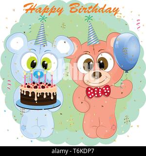 Dessin animé anniversaire carte de souhaits avec l'ours. bear cartoon vector illustration. Illustration de Vecteur