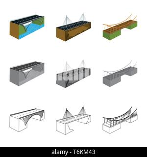 ,Pont,montage,modernes,mer,suspension,long,côte,banque,rivière,assemblés métal,port,cascade,colonne,autoroute,mains courantes,prop,bâtiment,tombantes,route,cable,cadre,design,construire,ponts,côté,architecture,vue,vue,passage,structure,set,icône,,illustration,collection,isolé,graphique,élément vecteur vecteurs,signer , Illustration de Vecteur