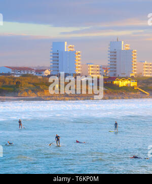 Vue aérienne de Paddle Surf et surf par Atlantic coast, pittoresque ville de Baleal avec seascape sunset light, Portugal Banque D'Images