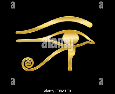 Oeil d'Horus d'or sur fond noir. Déesse de l'ancienne Egypte oudjat s symbole de protection, pouvoir royal et une bonne santé. Semblable à l'Œil de Ra. Banque D'Images