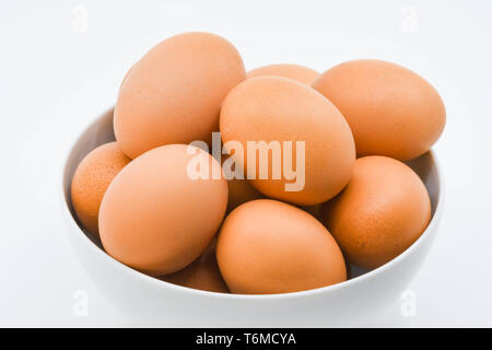 Close up d'oeufs frais dans un bol blanc sur un fond blanc Banque D'Images