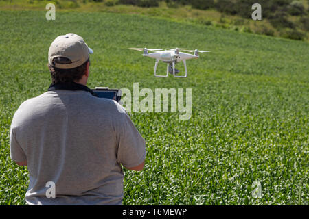 Drone UAV pilote aux commandes et la collecte de données sur les terres agricoles du pays. Banque D'Images