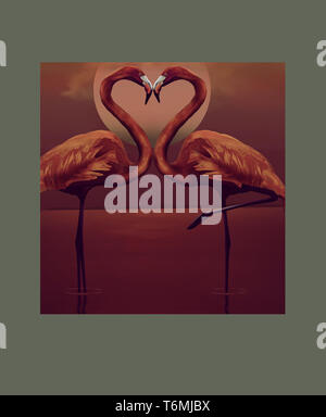 Des flamants cou courbe la forme d'un coeur qu'elles se présentent dans l'eau dans la lune. Banque D'Images