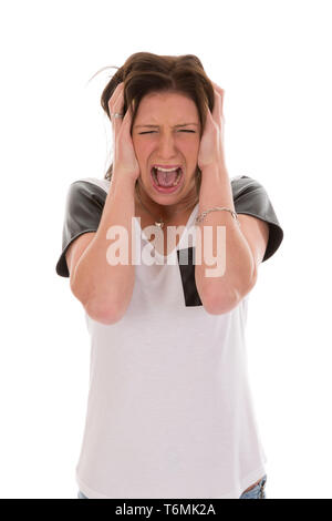 Impatient jeune femme hurler de peur Banque D'Images