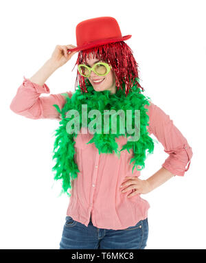 Femme en costume de carnaval avec perruque et chapeau melon Banque D'Images