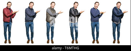 Collage de beau moyen age homme portant différents regards sur fond blanc fond isolé en pointant sur le côté avec la main et ouvrez Palm, la présentation de votre annonce Banque D'Images