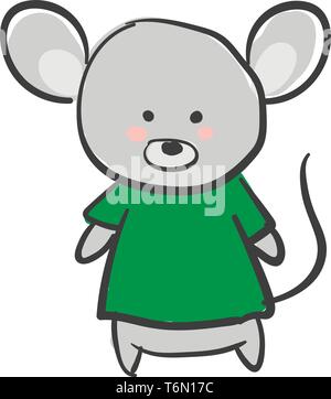 Dessin d'une souris grise dans un t-shirt vert a de grandes oreilles et une longue queue de couleur noire a l'air heureux tout en couleur ou dessin vectoriel permanent illustra Illustration de Vecteur