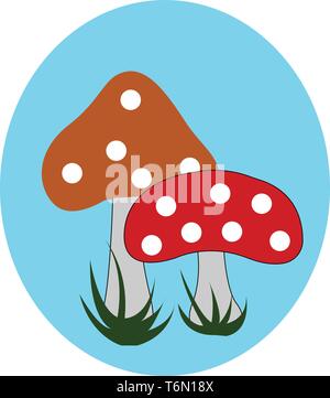 Portrait de deux champignons sphériques avec des taches blanches sur les tiges rouge gris caps cultivées au-dessus de prairies vertes sur fond bleu vect Illustration de Vecteur