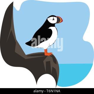 Portrait d'un oiseau macareux en noir et blanc a un bec trapu et perché sur le roc sur un arrière-plan où le vecteur ligne rencontre la mer Illustration de Vecteur