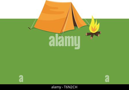 Une petite tente jaune et camping d'été un feu en plein air qui sert de site de loisirs pour les enfants pendant les vacances d'application couleurs Illustration de Vecteur