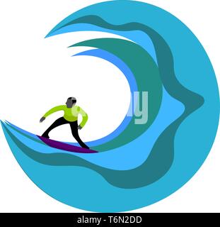 Portrait d'un surfer dans la vague en costume vert vers la rive en étant debout sur une planche de dessin en couleur ou de l'illustration vectorielle Illustration de Vecteur