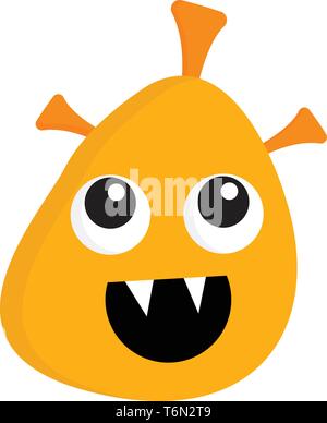 De Clipart le visage d'une couleur jaune happy monster avec deux yeux exorbités trois cornes et deux dents fang gauche large bouche ouverte en riant v Illustration de Vecteur