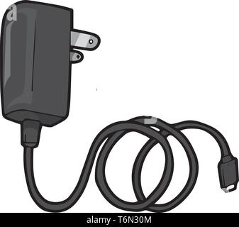 Un chargeur mobile en couleur noir avec un long câble à connecter au téléphone vector dessin en couleur ou de l'illustration Illustration de Vecteur