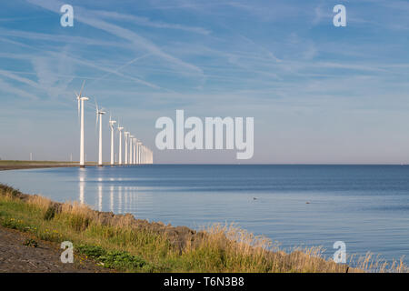 Une ligne longue off shore éoliennes dans la mer néerlandais Banque D'Images