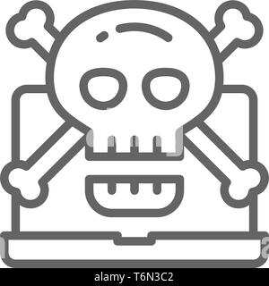 Ordinateur avec tête de mort, symbole de virus, l'icône de la ligne d'hameçonnage. Illustration de Vecteur