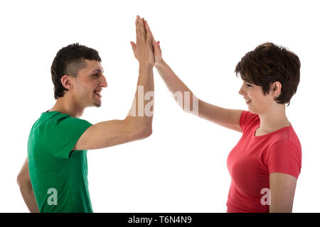 L'homme et de la femme donnant une forte isloated cinq on white Banque D'Images