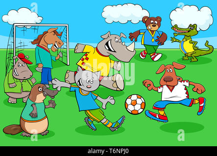 Cartoon animal joueurs de football sur terrain de football Banque D'Images