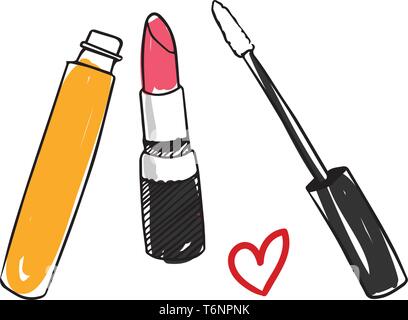 Peinture de produits cosmétiques comme le rouge à lèvres et le mascara a ouvert un jeu de symboles coeur isolé sur fond blanc vector dessin en couleur ou de l'illustration Illustration de Vecteur