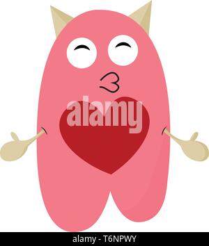 D'Emoji un mignon petit monstre rose avec un cœur rouge imprimé dans sa robe et les bras grand ouvert a l'air heureux tandis que les yeux fermés vector dessin en couleur ou illust Illustration de Vecteur