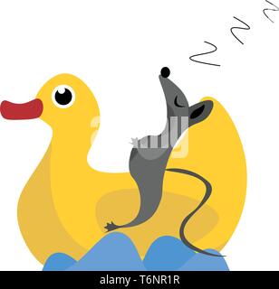 Dessin d'une mignonne petite souris ronflement et dormir sur un canard jaune est de retour sur la mer jusqu'a l'air drôle vector dessin en couleur ou de l'illustration Illustration de Vecteur