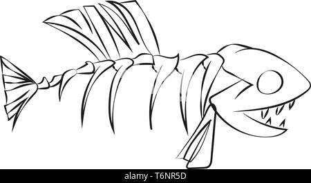 L'art de la ligne d'un poisson squelette avec la bouche grande ouverte et l'enrichissement des dents ensemble exposé isolées sur fond blanc vu du côté d'application couleurs Illustration de Vecteur