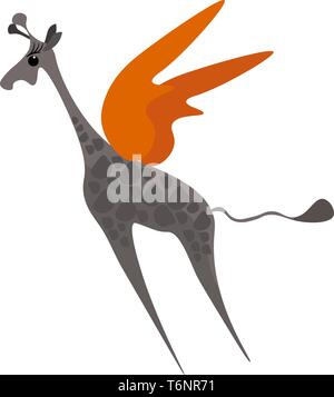 Peinture d'un marron girafe avec des taches sur son corps est de haut vol avec l'aide de ses ailes orange semble drôle. vector dessin en couleur ou illustrat Illustration de Vecteur