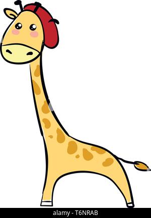 Cartoon girafe de couleur jaune dans une red hat est avec une courte queue deux cornes très long cou et pattes avant d'avoir un manteau avec brun ressemble funn Illustration de Vecteur