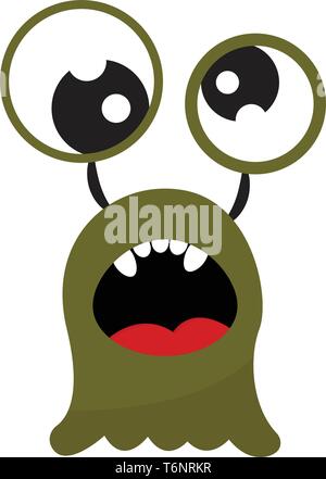 Funny Cartoon monstre vert avec deux yeux exorbités une bouche grande ouverte exposant cinq dents blanches de forme ovale et une langue rouge vector dessin en couleur o Illustration de Vecteur