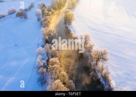 Loisach en hiver, les arbres avec de la gelée blanche dans la lumière du matin, Eurasburg, Tolzer Terre, drone abattu, Haute-Bavière, Bavière, Allemagne Banque D'Images