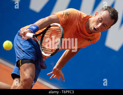 Munich, Allemagne. 09Th Mai, 2019. Tennis : ATP-Tour - Munich, des célibataires, des hommes, 2ème tour : Commentaires (Allemagne) - Khachanov (Russie). De Commentaires en action. Credit : Sina Schuldt/dpa/Alamy Live News Banque D'Images