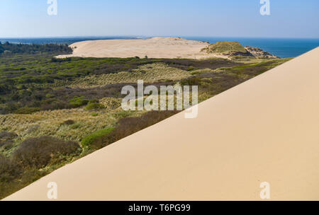 23 avril 2019, le Danemark, l'Lönstrup : Les randonnées dune Rubjerg Knude dans la municipalité Rubjerg municipalité (Zagreb) près de la célèbre station de vacances Lönstrup sur la côte ouest du pays. Un énorme, déjà jusqu'à 100 mètres de haut déménagement dune a construit autour du phare Rubjerg Knude Knude (arrondi à l'altitude) dans le nord du Jutland et dépassements progressivement. Photo : Patrick Pleul/dpa-Zentralbild/ZB Banque D'Images